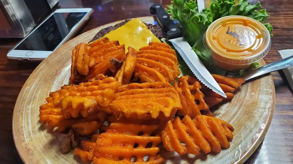 Cheeseburger Sans Bun and Sweet Potato Waffle Fries